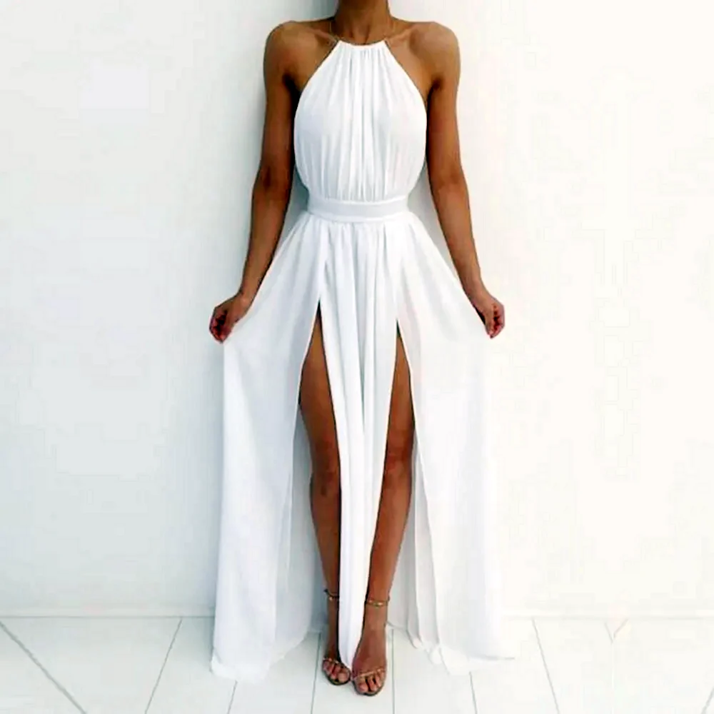 Белое длинное платье с разрезом