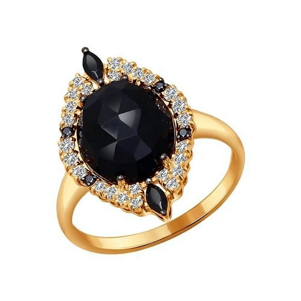 Кольцо с черным камнем фианитом золото 585